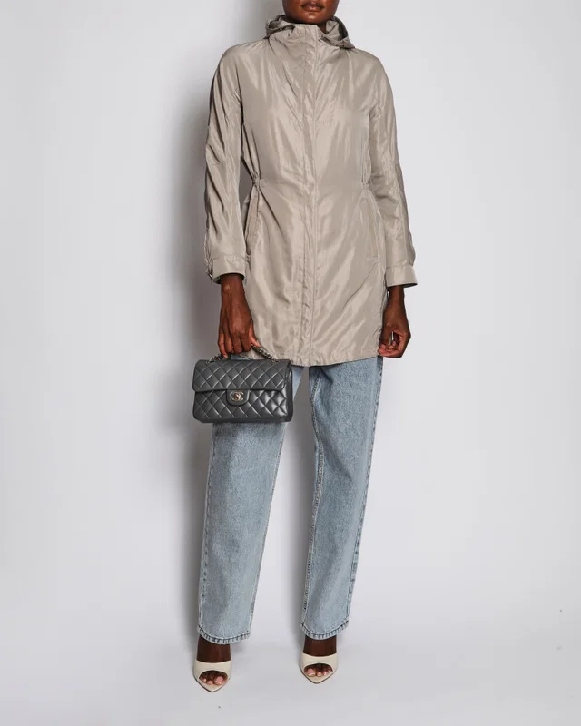 Loro Piana Grey Hooded Rain Coat Size IT 40 (UK 8) in Grey Silk from Sellier