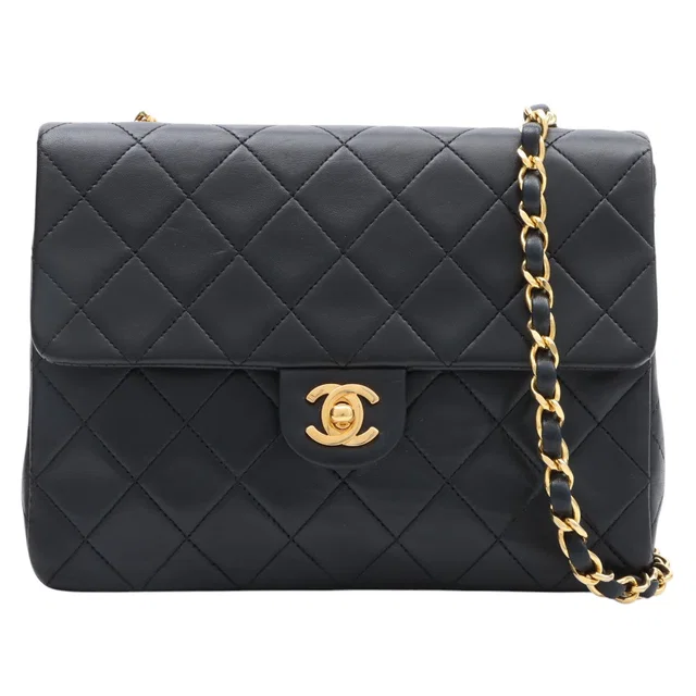 Chanel Circa 1990s Square Classic Flap Chain Bag, Black in Black Lambskin from VINTAGE QOO TOKYO