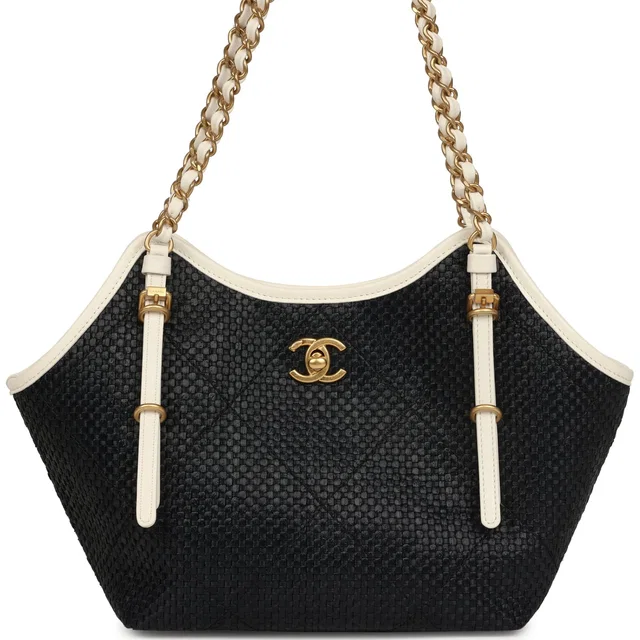 Chanel Small Coco Shopping Bag Black Raffia and White Calfskin Antique Gold Hardware in Black Calfskin from Madison Avenue Couture