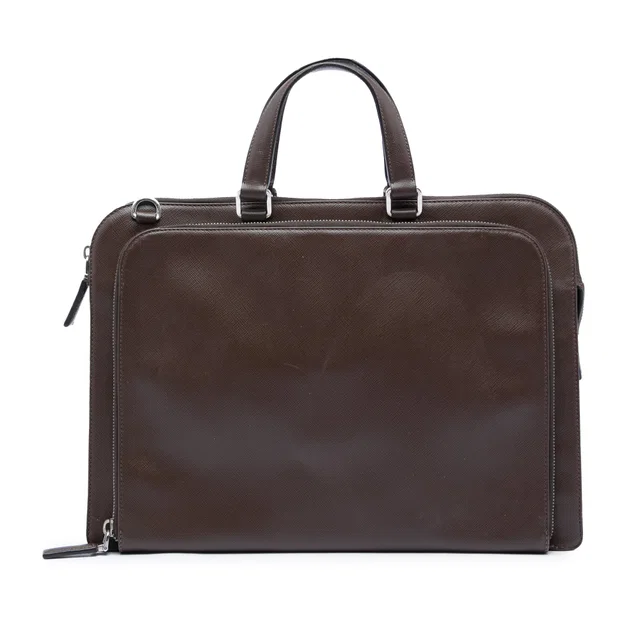 Brown Prada Saffiano Cuir Travel Front Zip Pocket Briefcase Business Bag in Brown Saffiano leather from Designer Revival