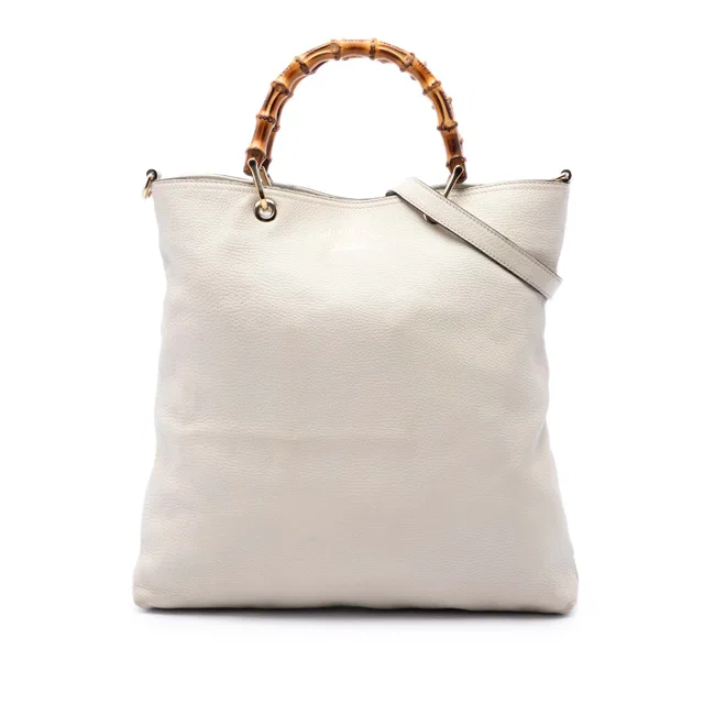 White Gucci Tall Calfskin Bamboo Shopper Tote Satchel in White Calfskin from Designer Revival