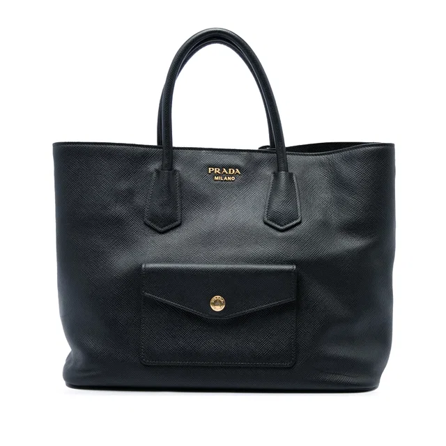 Black Prada Saffiano Cuir Front Pocket Convertible Tote Satchel in Black Saffiano leather from Designer Revival