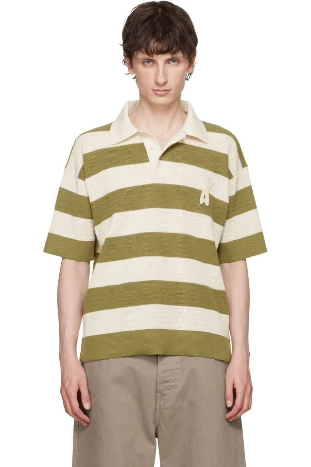 AMI Paris Off-White & Green Cotton 'Ami de Coeur' Polo, image 1 of 1 from SSENSE