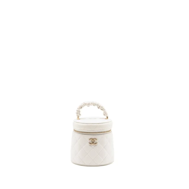 Chanel Ruched Top Handle Vanity Case Lambskin White LGHW in White Lambskin from EMIER