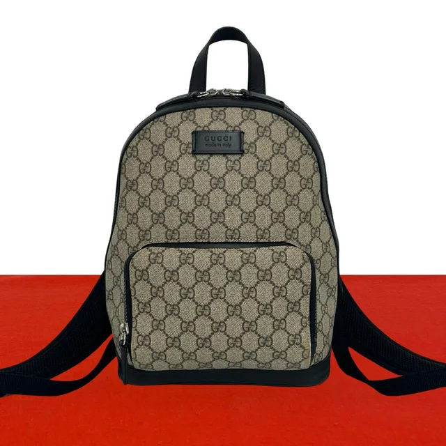 Gucci GG Supreme Logo Pattern Leather Backpack Beige Black in Black Leather from The Reluxe