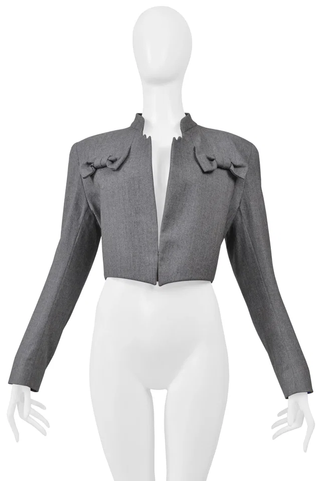 Givenchy By John Galliano Cropped Grey Jacket With Bows 1996 in Grey Wool from Resurrection Vintage