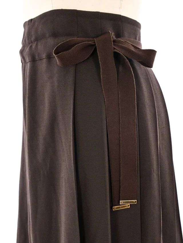 Ferragamo Chocolate Wool Pleated Skirt in Brown Wool from Arcade Vintage