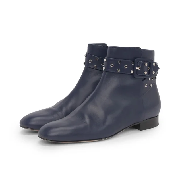 Jimmy Choo Hallie Studded Boots 38 in Navy Calfskin from Blue Spinach