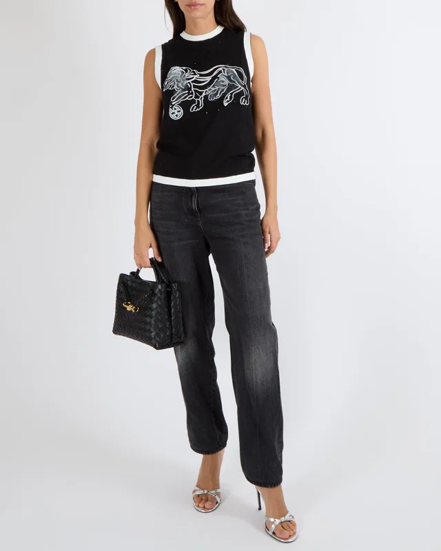 Chanel Cruise 2022 Black Sleeveless Top with White Painted Trims and Lion Print with Back Logo… in Black from Sellier