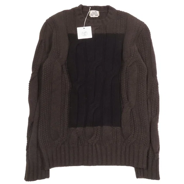 Hermès Sweater Cable Knit Wool Cashmere Long Sleeve Crew Neck Top L Dark Brown in Brown Cashmere from The Reluxe
