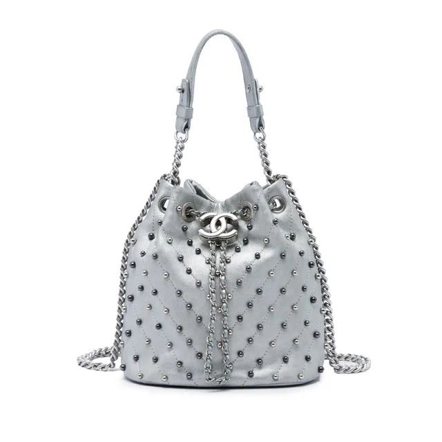 Silver Chanel Small Metallic Chevron Lambskin Stud Wars Drawstring Bucket Bag in Silver Lambskin from Designer Revival