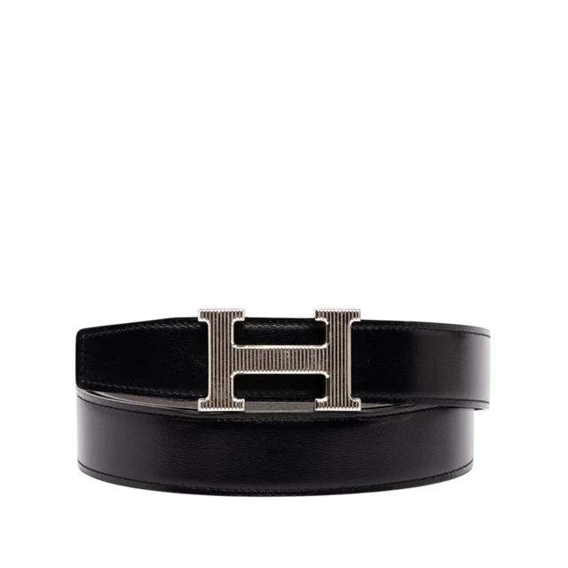 Black Hermès Swift and Togo Constance H Guillochee Reversible Belt in Black Togo leather from Designer Revival