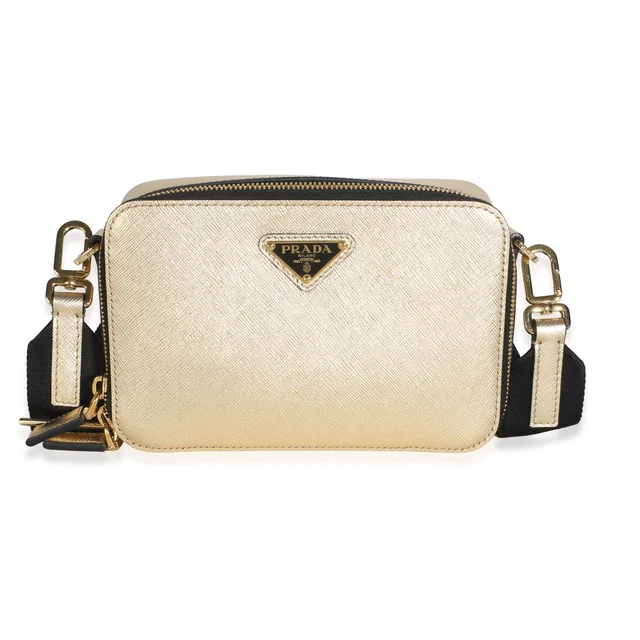 Prada Gold Saffiano Travel Small Brique Crossbody Bag in Gold Saffiano leather from myGemma