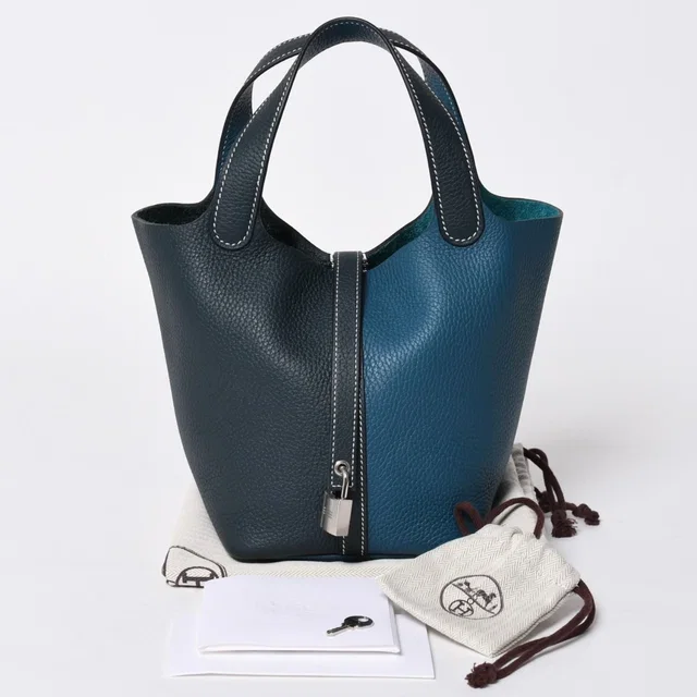 Hermès Picotin Lock 18 Handbag Taurillon Clemence Vert Cypres Bosphore Silver in Green Clemence leather from The Reluxe