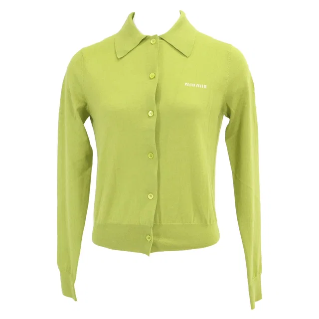 Miu Miu Cashmere Silk Logo Collared Knit Cardigan 38 in Silk from The Reluxe