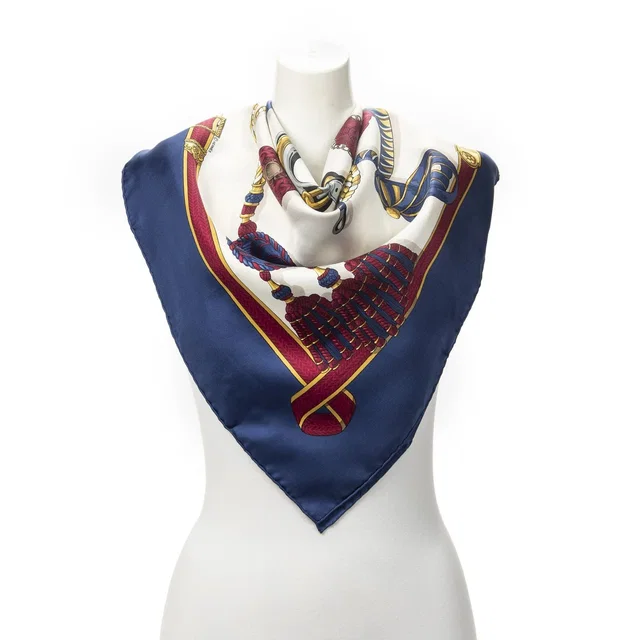 Hermès Scarf Navy Red Yellow Twill Silk in Red Silk from The Reluxe