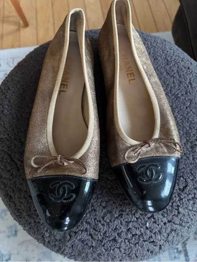 Chanel Bronze Glitter Ballet Flats With Black Patent Cap Toe in black|brown|red Patent leather from Poshmark