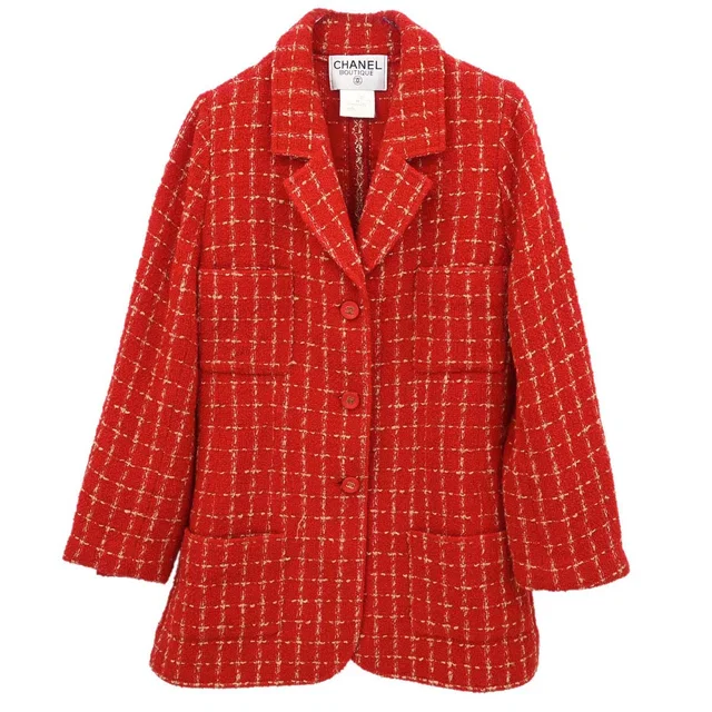 Chanel 1995 Single Breasted Tweed Jacket Red #42 in Red Tweed from AMORE Vintage Tokyo