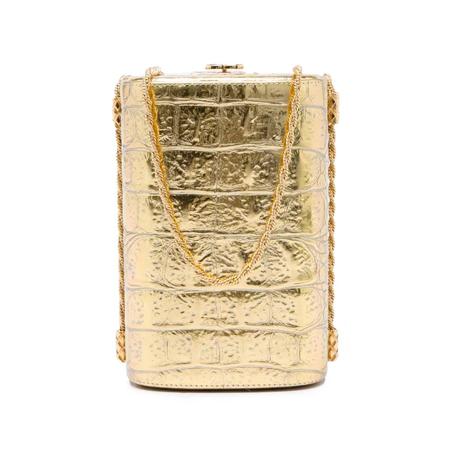 Gold Chanel Paris New York CC Croc Embossed Metallic Calfskin Box Minaudiere Bag in Gold Calfskin from Designer Revival