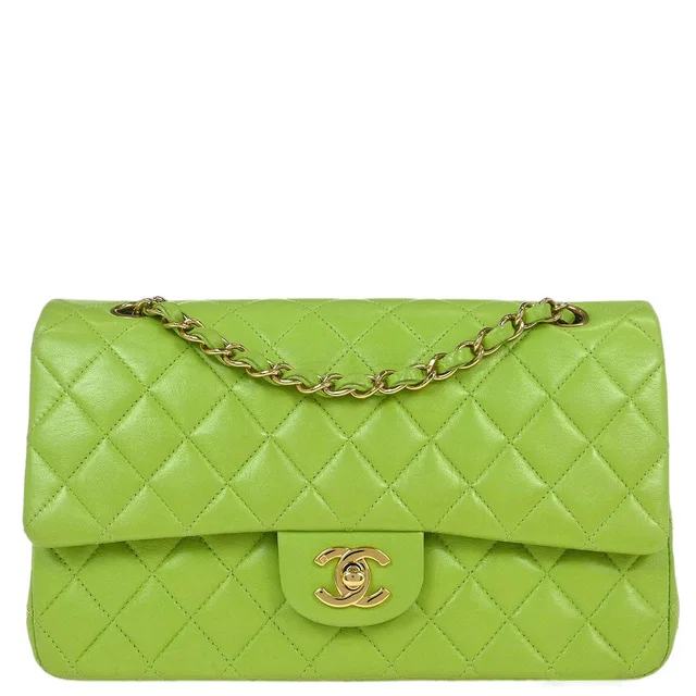 Chanel 2002-2003 Light Green Lambskin Medium Classic Double Flap Shoulder Bag in Green Lambskin from AMORE Vintage Tokyo