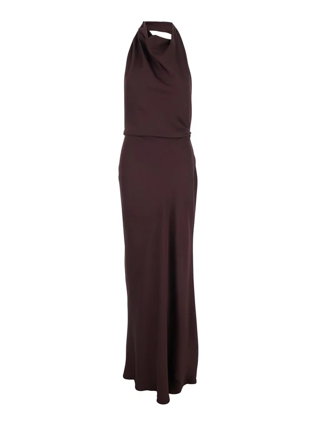 SIMKHAI Long Dress 'Reanon' with American Neckline and Open Back in Tech Fabric Brown Women in Brown 84% Acetate 16% Polyester, photo 2 of 6 from Gaudenzi Boutique