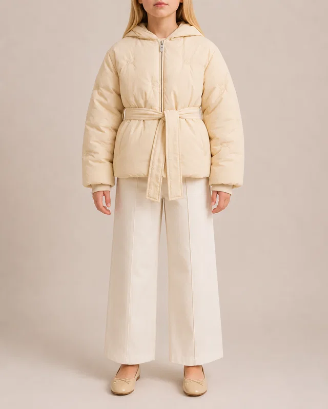 Burberry Kids Cream Puffer Jacket with Embroidered Logos and Belt Size 8 years in White from Sellier