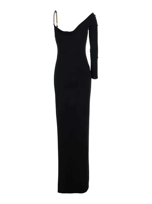 ELISABETTA FRANCHI Black Long Dress with One Long Sleeve and One Thin Strap in Stretch Viscose for Women in Black 96% Viscose 4% Elastane, photo 4 of 6 from Gaudenzi Boutique