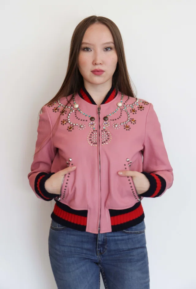 Gucci Bomber Jacket Pink Lambskin Studs IT42 in Pink Lambskin from Luxury Promise