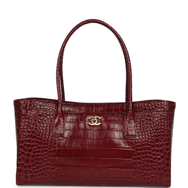 Chanel Small Cerf Shopping Bag Burgundy Croc Embossed Calfskin Gold Hardware in Burgundy Calfskin from Madison Avenue Couture
