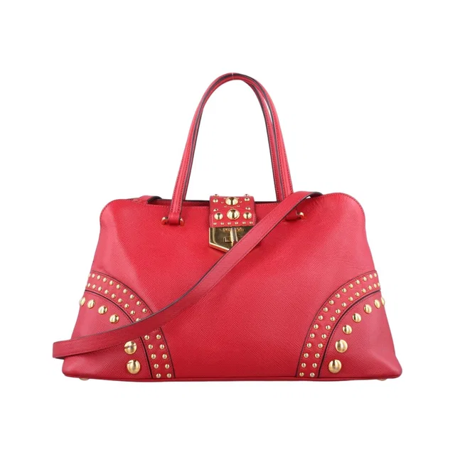 Prada Promenade Studs Red Saffiano Leather 113 10 Messenger Bag in Red Saffiano leather from The Reluxe