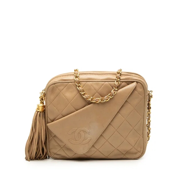 Beige Chanel Mini CC Quilted Lambskin Tassel Camera Bag in Beige Lambskin from Designer Revival
