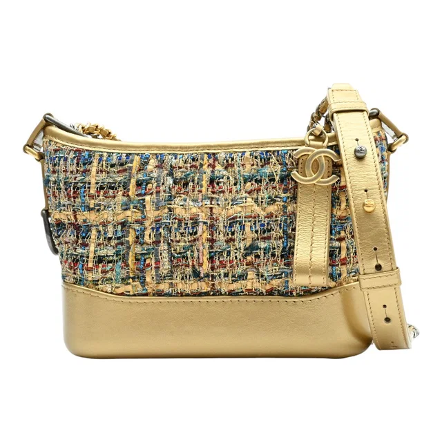 Chanel 2019年頃製 レザーツイードコンビガブリエルチェーンショルダーバッグ ゴールド/マルチカラー from VINTAGE QOO TOKYO