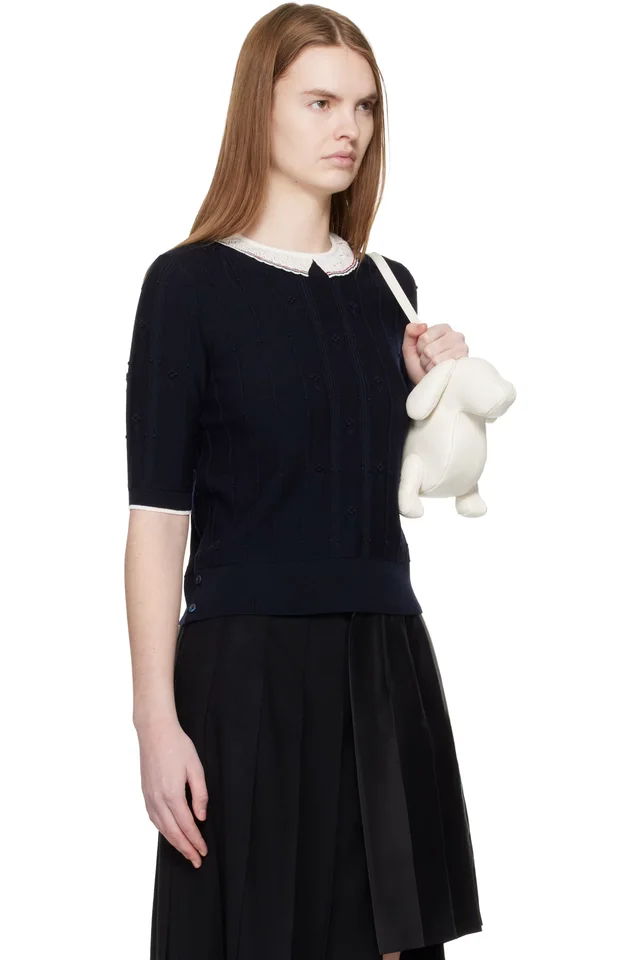 Thom Browne Navy Bobble Stitch Short Sleeve Sweater, photo 2 of 4 from SSENSE