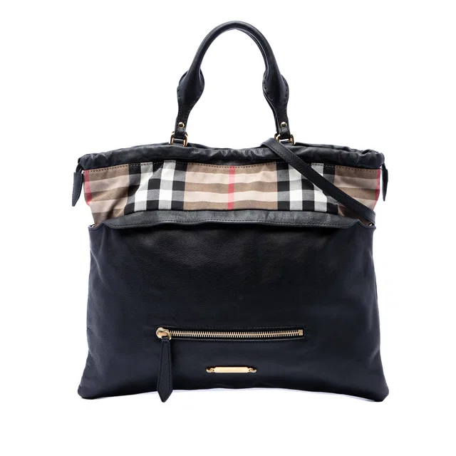 Black Burberry House Check Trimmed Leather Big Crush Convertible Tote Satchel in Black Leather from Designer Revival