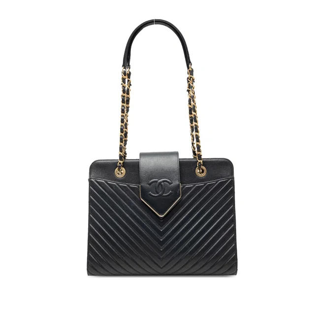 Blue Chanel Chevron Calfskin Collar and Tie Tote in Blue Calfskin from Designer Revival