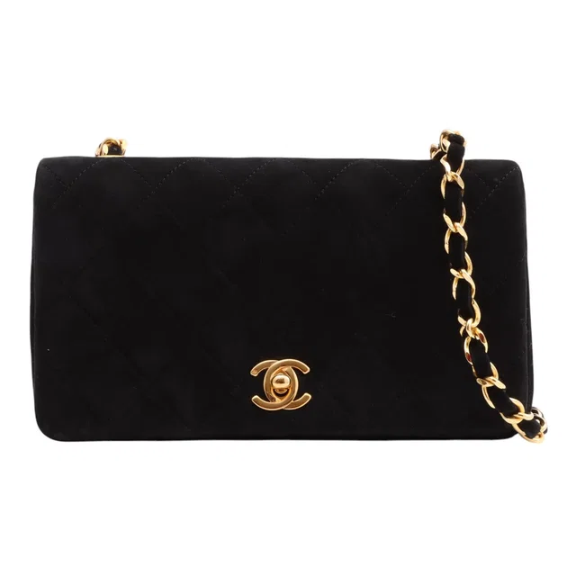 Chanel Circa 1990 Suede Full Flap Chain Bag Mini Black in Black Suede from VINTAGE QOO TOKYO