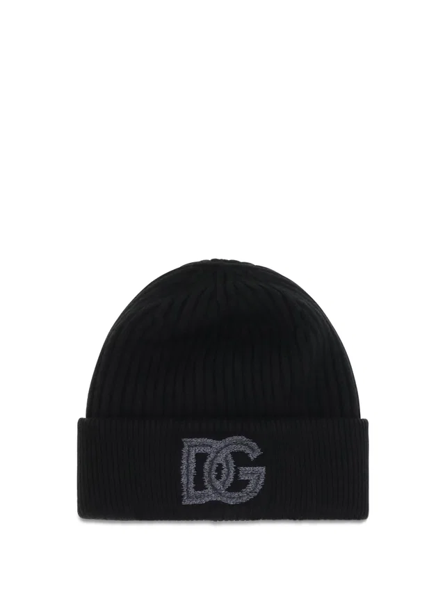 Dolce & Gabbana Gx66kzjdvn6 Logo English Rib Knit Beanie — Black Beanies in Black Wool from HEWI