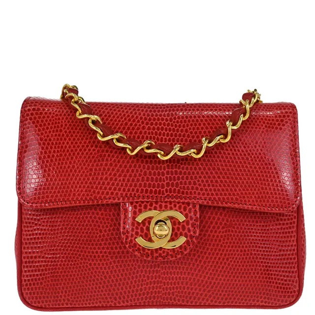 Chanel 1989-1991 Red Lizard Mini Classic Square Flap Shoulder Bag 17 in Red Lizard from AMORE Vintage Tokyo