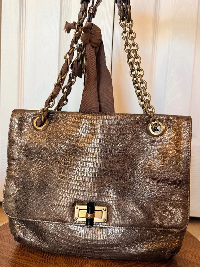 Lanvin Happy Flap Lizard-Embossed Metallic Bag With Chain Straps - 9”X12”X2” in gold|brown|red Lizard from Poshmark