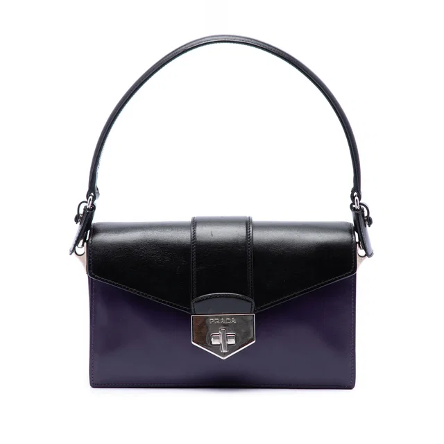 Black Prada Bicolor Box Calf Turnlock Satchel in Black Box leather from Designer Revival