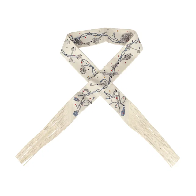 Hermès "Les Cles a Pois" Creme, Gris Perle, Multicolor Fringe Silk Twilly in Grey Silk from Madison Avenue Couture