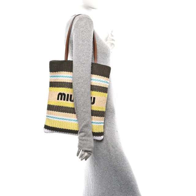 Miu Miu Crochet Stripe Vertical Tote Bag Tundra Limone Natural in Beige Raffia from FASHIONPHILE, photo 2 of 9