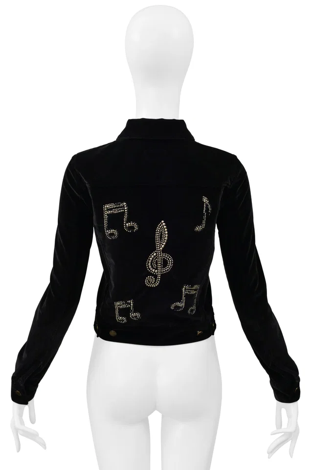 Saint Laurent By Hedi Slimane Black Velvet Jacket With Studded Musical Notes 2016 in Black Velvet from Resurrection Vintage