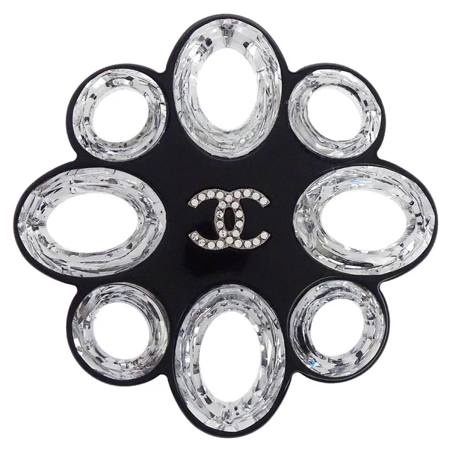 Chanel CC Brooch Pin Rhinestone Black 16P in Black from AMORE Vintage Tokyo