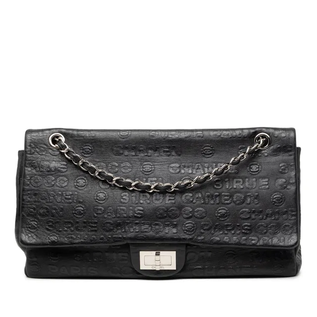 Black Chanel Maxi Embossed Calfskin 31 Rue Cambon Reissue 2.55 Double Flap Shoulder Bag in Black Calfskin from Designer Revival
