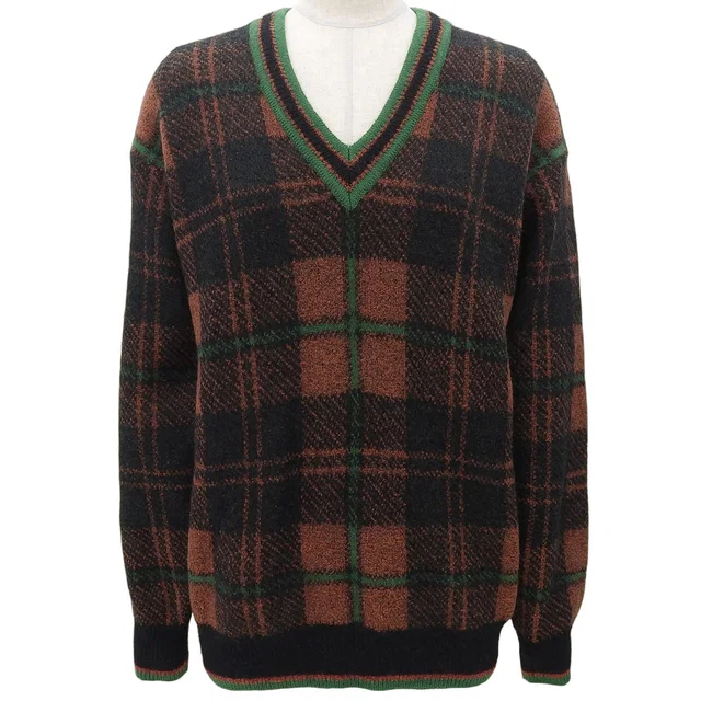 Dior Wool Check Pattern V-Neck Long Sleeve Knit Sweater #M Orange/Green/Black in Black Wool from VINTAGE QOO TOKYO
