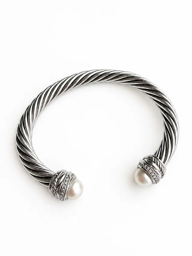 David Yurman 7mm Sterling Silver Cable Classics Pearl & Diamond Cuff Bracelet in silver|gray from Poshmark