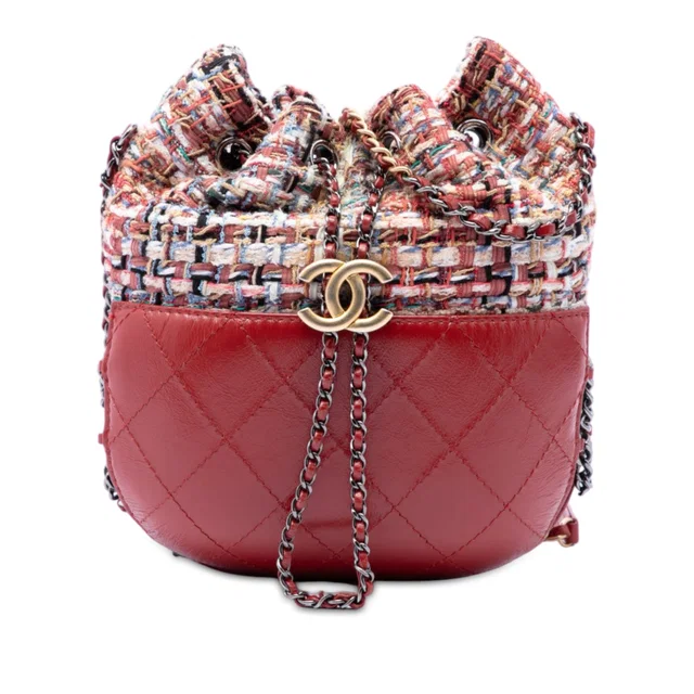 Red Chanel Small Quilted Calfskin and Tweed Gabrielle Bucket Bag in Red Calfskin from Designer Revival