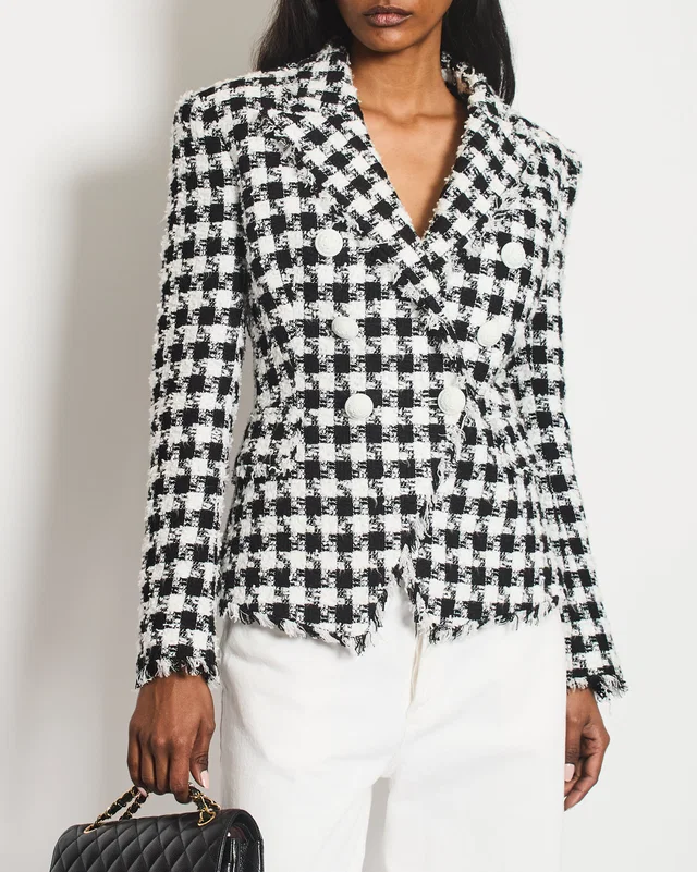 Balmain Black and White Checked Tweed Blazer with White Buttons Size FR 36 (UK 8) in Black Tweed from Sellier