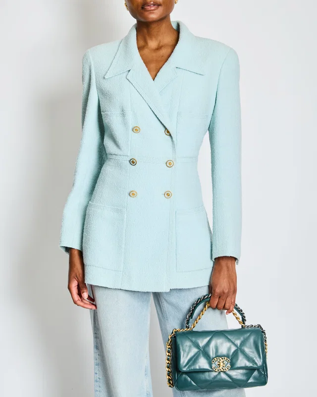 Chanel 96/C Baby Blue Double Breasted Blazer with Gold CC Buttons Size FR 46 (UK 18) in Blue Nylon from Sellier
